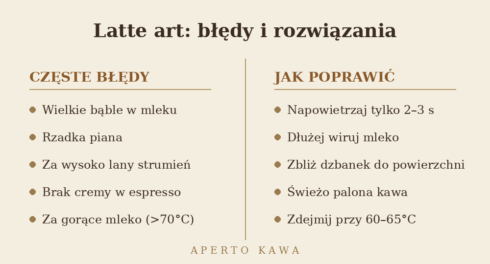 Latte art błędy i rozwiązania – jak poprawić spienianie mleka i lanie wzorów na kawie
